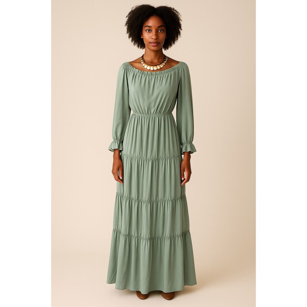 Baltic Born sage Green scoop neck or off the shoulder Gown tiered maxi small